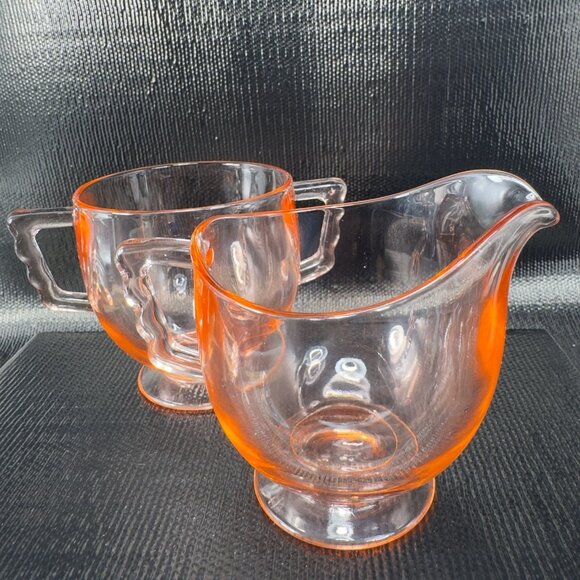 Vintage Pink Depression Glass Sugar And Creamer Set 2 Glassware Bright Orange - Picture 10 of 12
